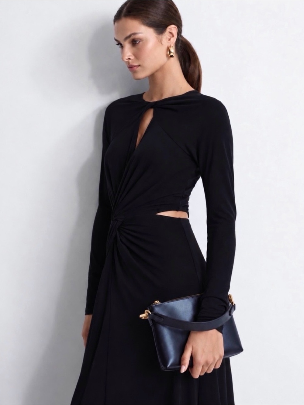 REISS Faye Black Twist Front Cutout Long Sleeve Midi Dress Size 8